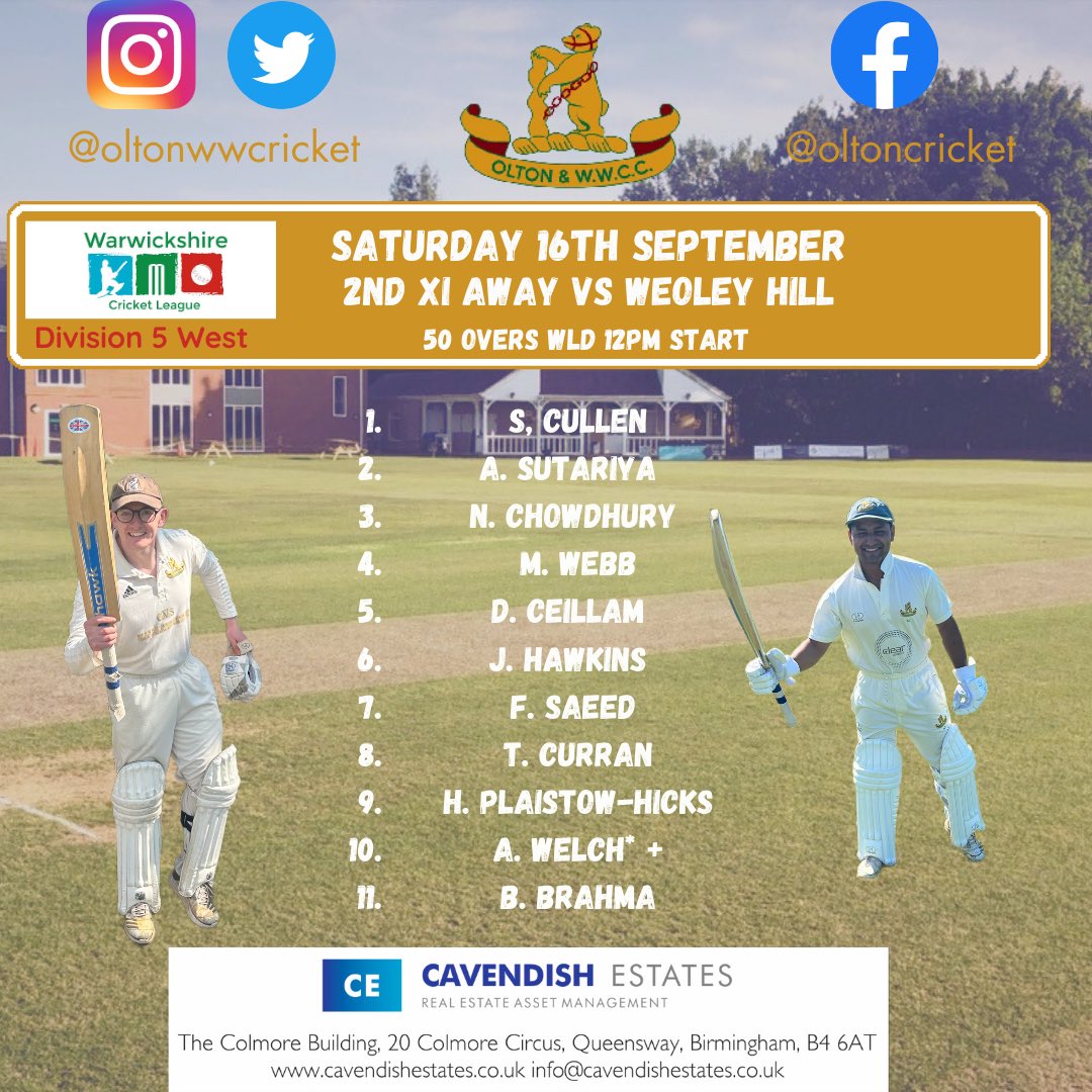 oltonwwcricket's tweet image. 🚨 Team News Saturday 16th September 🚨

First playoff game for the 1s &amp;amp; final league games for the 2s &amp;amp; 3s 

#owwcc #teamnews #wccl #bdpcl #cricket #warwickshirecricket