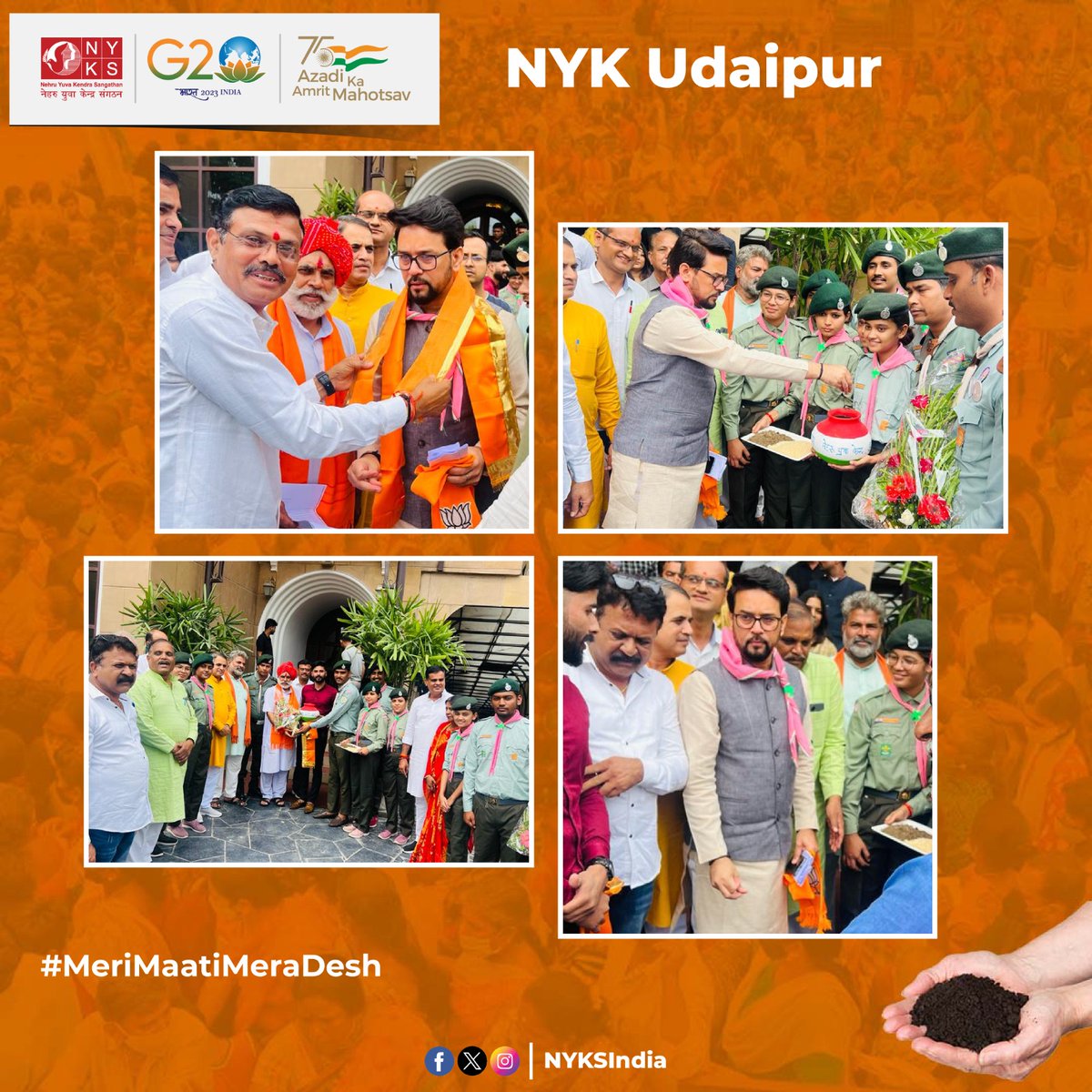 MYBharatHQ's tweet photo. श्री अनुराग सिंह ठाकुर (@ianuragthakur) जी, माननीय केंद्रीय मंत्री के उदयपुर आगमन पर नेहरु युवा केंद्र उदयपुर(@UdaipurNyk) द्वारा स्वागत किया गया। इस दौरान माननीय मंत्री जी द्वारा अमृत कलश में मिट्टी एवं चावल डाल कर #MeriMaatiMeraDesh अभियान का शुभारम्भ किया गया।

#VeeronKaVandan https://t.co/sX1L18k8Nc