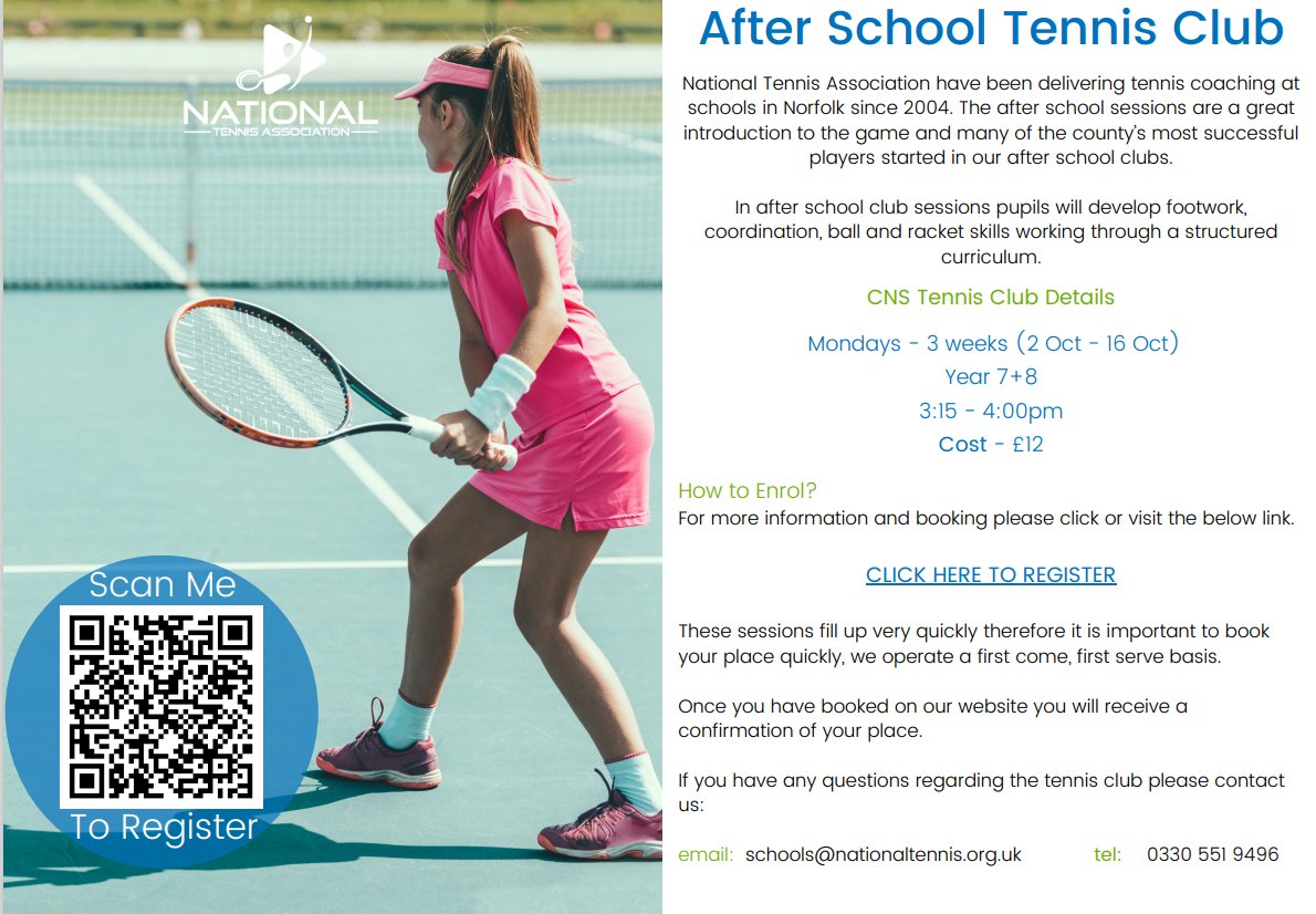 After school tennis club for year 7 and 8 with @NTAnorfolk 

cnstennis.org/Coaching/Cours…