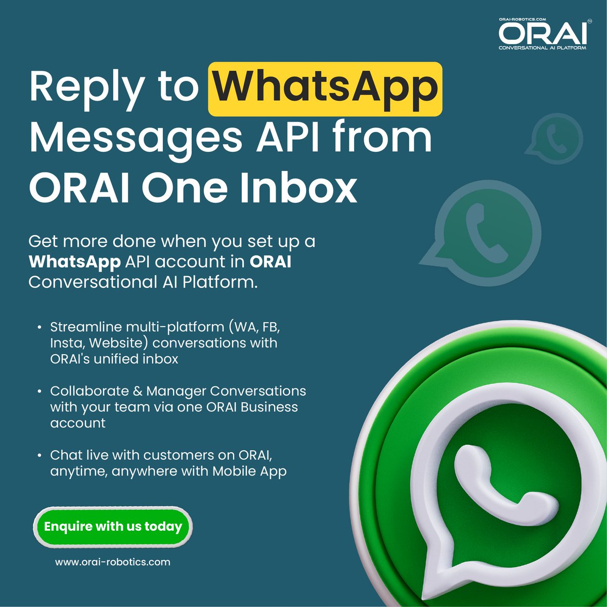 ORAIRobotics's tweet image. Exciting update! ORAI One Inbox now supports replying to WhatsApp API messages. Stay connected with your customers and provide speedy responses. Elevate your support game today!

Connect with us Now!
#wepowerconversation

#Update #WhatsAppBusinessAPI #customersupport #orai