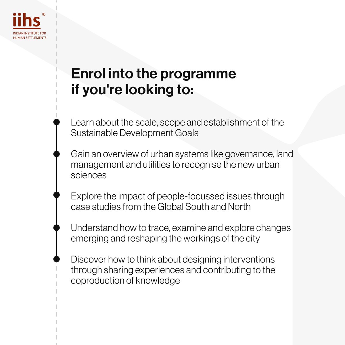 The Professional Certificate in Sustainable Cities and Urban Development will help you learn about and shape the Urban through three online courses focussing on SDGs, emerging urban sciences and how you can participate in the coproduction of knowledge.  

#sustainablecities #IIHS