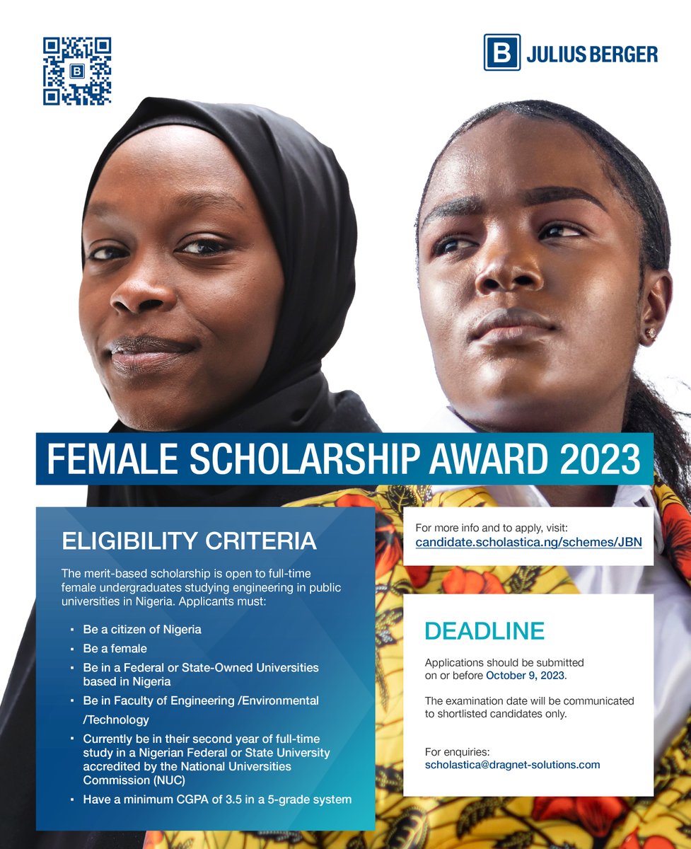 DragnetNigeria's tweet photo. Apply for 2023 Julius Berger Nigeria Plc. Scholarship Award!

Julius Berger Nigeria Plc (JBN) is awarding scholarships to qualified female engineering students in public universities across the country.

Visit:
https://t.co/XXNw92QpJO

Applications close: October 9th 2023 https://t.co/1CbnkFmI90