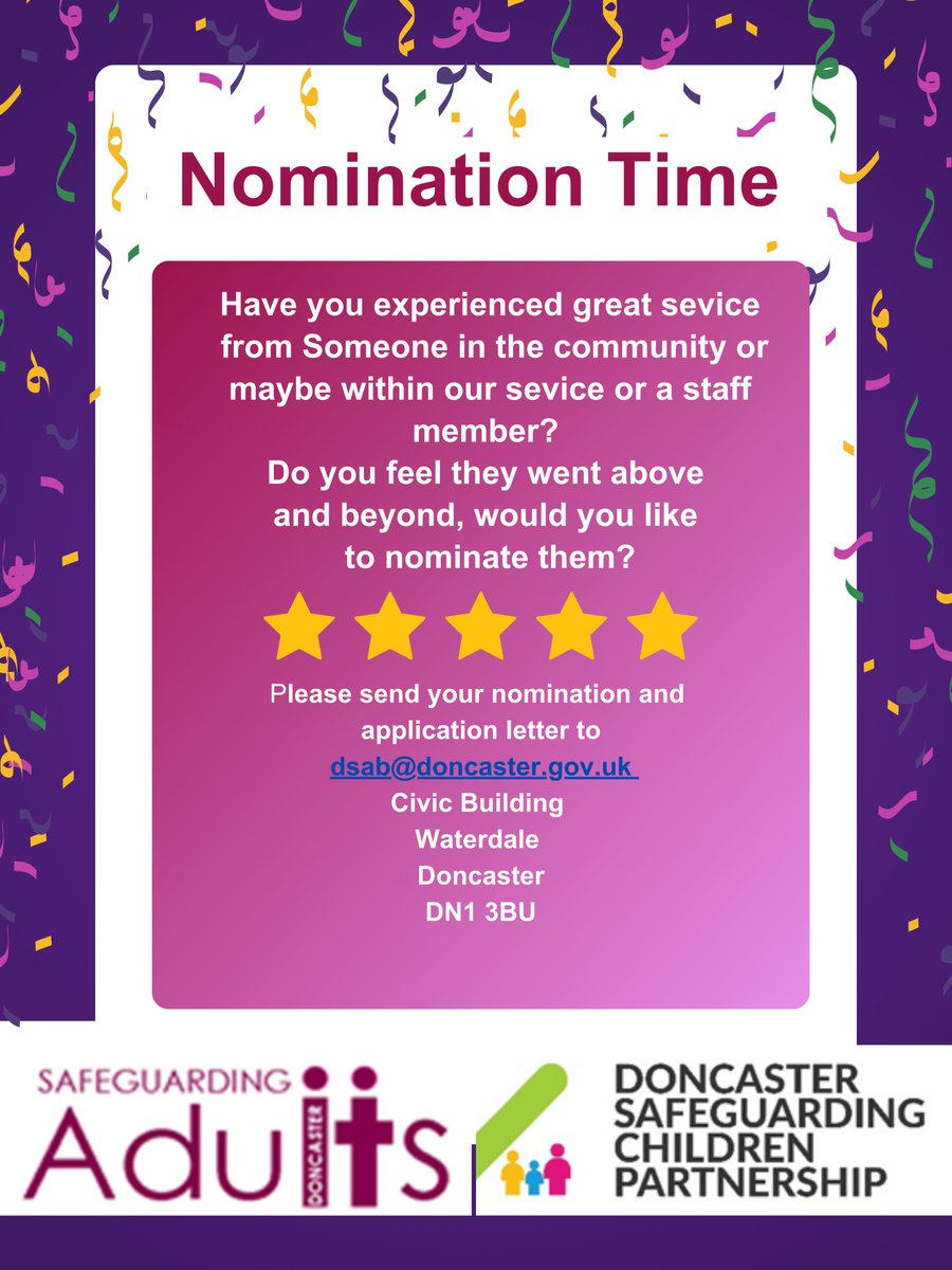 We want to hear from you in the wonderful community of Doncaster, to know who is making your neighbourhood feel safer and making a difference to your life. Please consider nominating them for a Safeguarding Award.