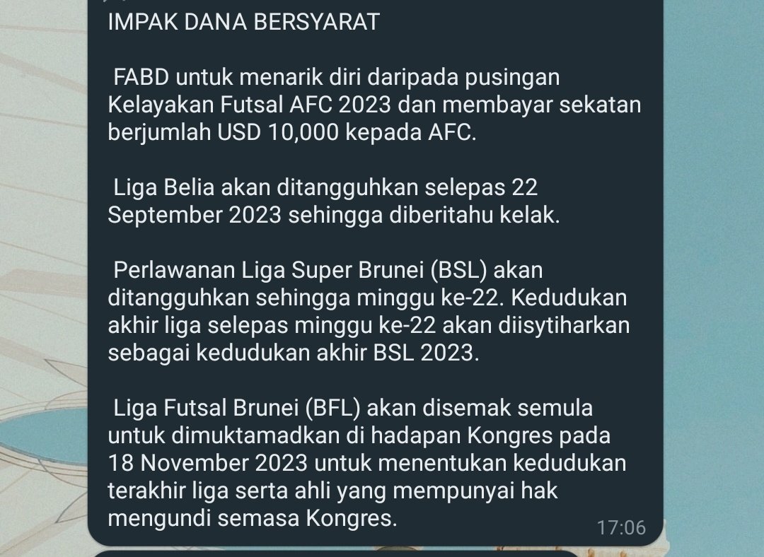 🚨 Brunei Football in HUGE trouble? 🇧🇳

- Peruntukan dana yg tidak dibelanjakan dgn betul
- Isu campur tangan - main 'cable / 'orang dalam'
- Liga Belia dihentikan buat seketika.
- Liga Super Brunei dihentikan lebih awal.
-Denda atas sebab tarik diri dari Kelayakan Futsal AFC 23