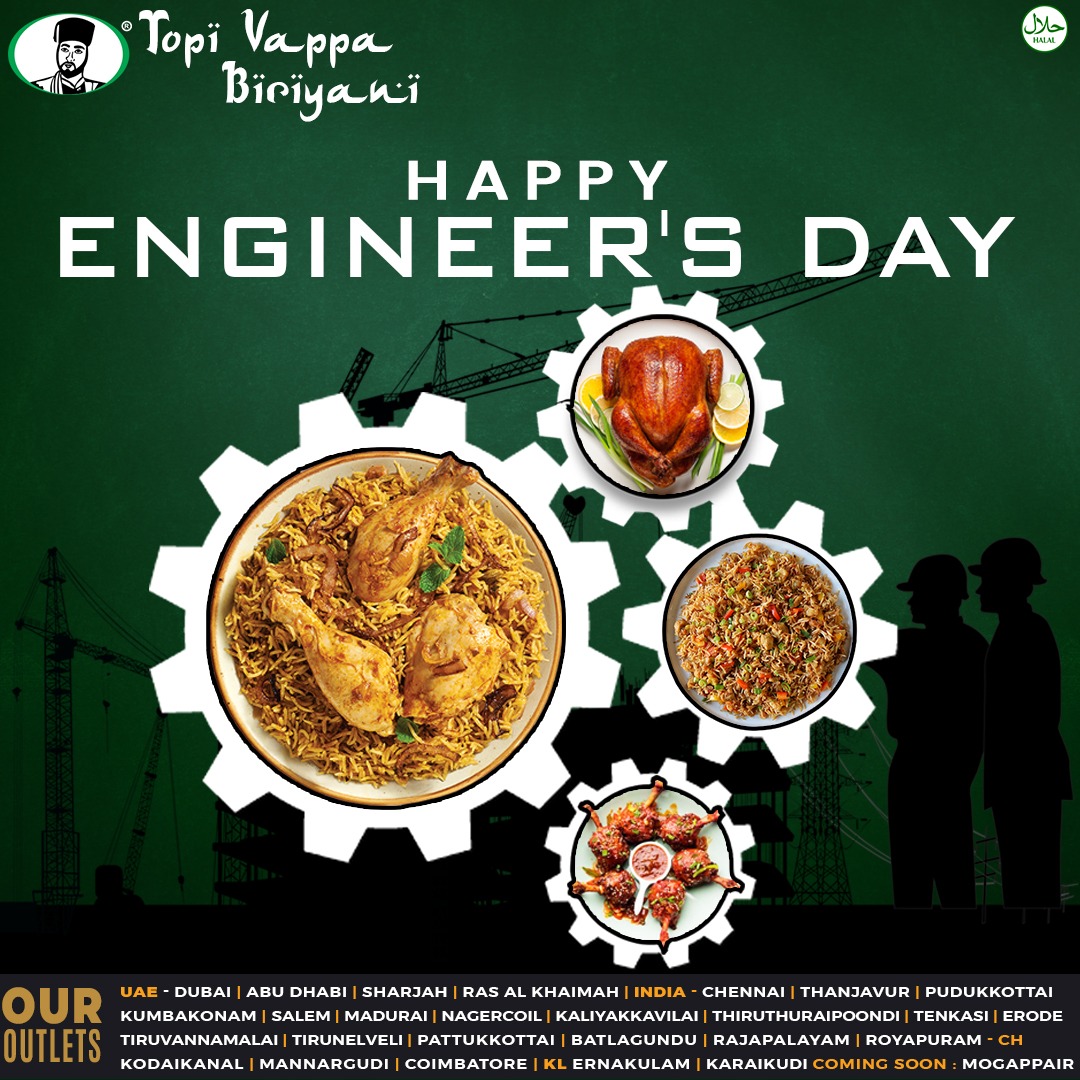 topi_vappa's tweet photo. Happy Engineer's Day to all the innovators, problem solvers, and creators who build a better tomorrow! Your genius shapes our world. 🌟🛠️ #EngineersDay #topivappabiriyani https://t.co/gKQyT1mREH