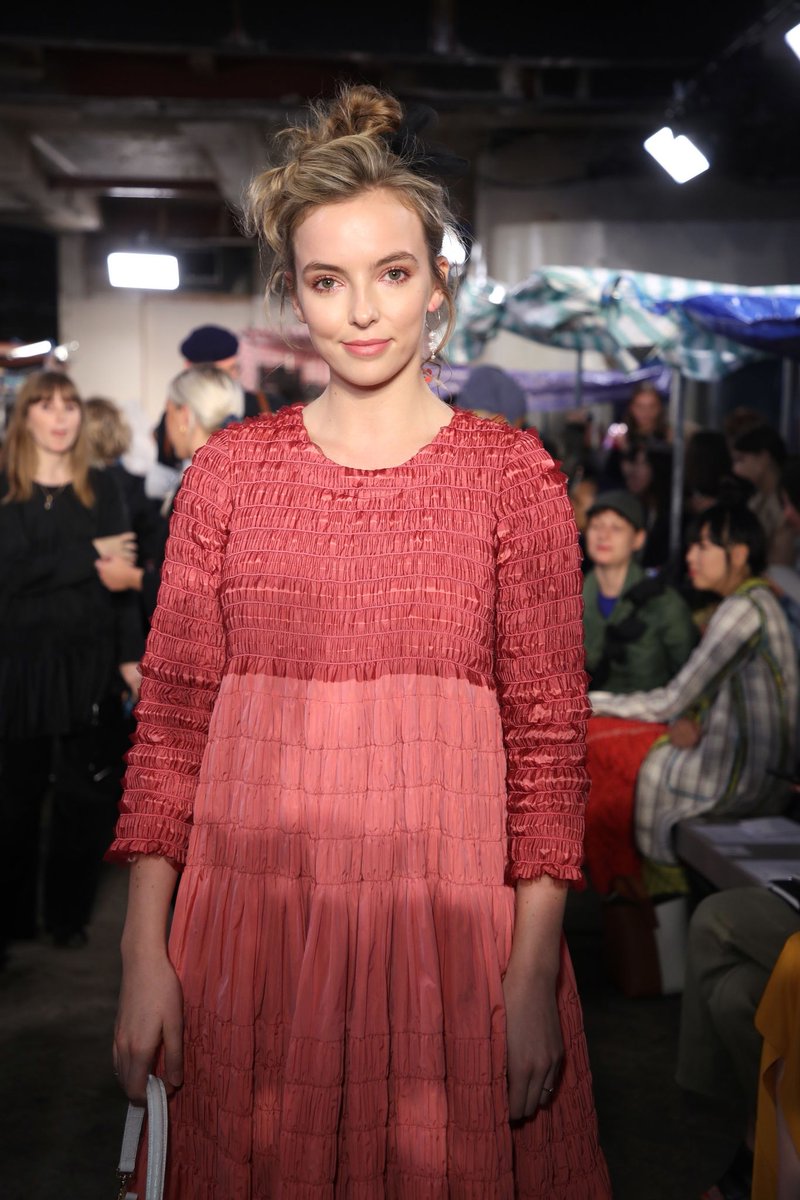 Jodie Comer attending the Molly Goddard show during London Fashion Week on  15 September 2018, the same day as the UK Premiere of Killing Eve.