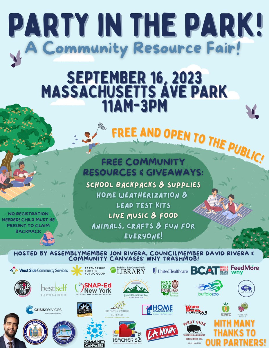 The WNY Trash Mob has co-organized an excellent FREE Community Resource Fair TOMORROW, Sept 16 from 11:00am-3:00pm at Massachusetts Ave Park!

Go to communitycanvases.org/events/partyin… for more info!

Can't wait to see you there!