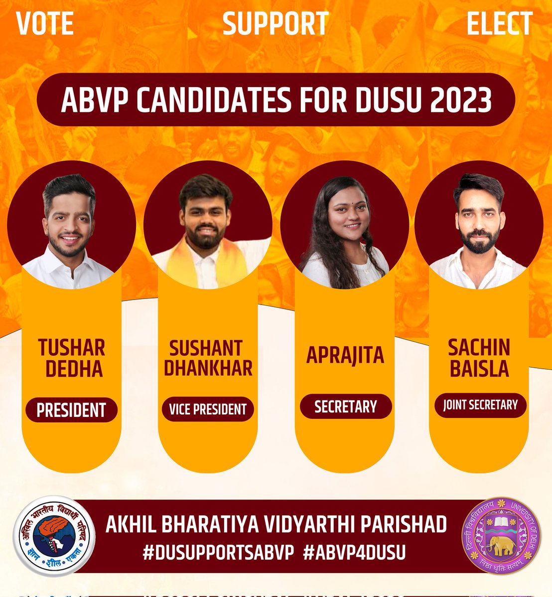 ABVPVoice's tweet photo. ABVP is thrilled to present our candidates for the Delhi University Students Union Election 2023:

President - Tushar Dedha 
Vice President - Sushant Dhankhar
Secretary - Aprajita 
Joint Secretary - Sachin Baisla 

We're geared up to lead with dedication and integrity!

Vote, Support, and Elect #ABVP

#ABVP4DUSU #DUSupportsABVP #DUSU2023