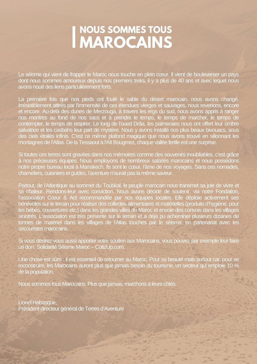 "Nous sommes tous Marocains. Plus que jamais, marchons à leurs côtés." 

Lisez les mots de notre PDG, <a href="/LionelHabasque/">Lionel Habasque</a>