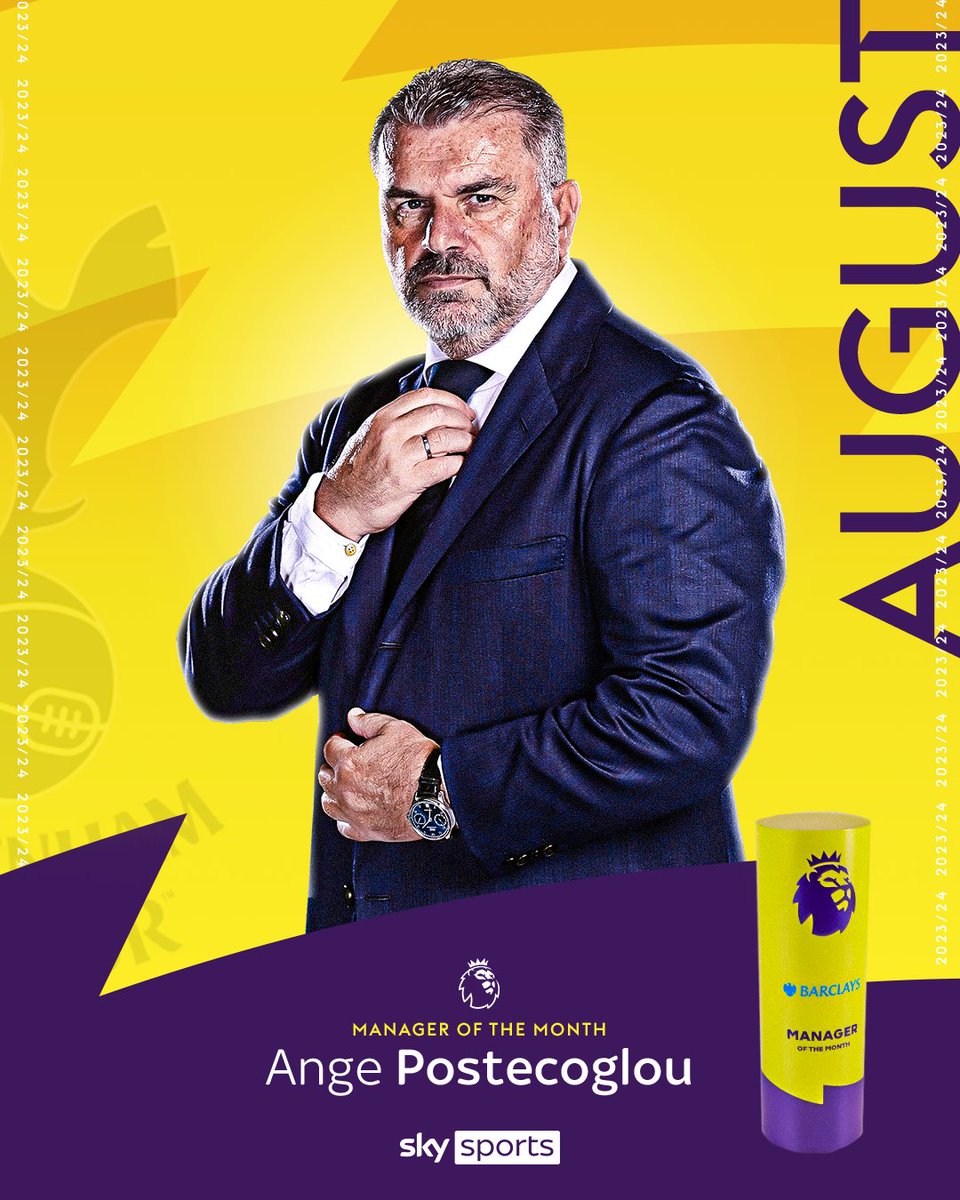 SkySportsPL's tweet photo. BREAKING: Ange Postecoglou has been named the Barclays Premier League Manager of the Month for August! 🏆👔 https://t.co/Xr382rhtA0