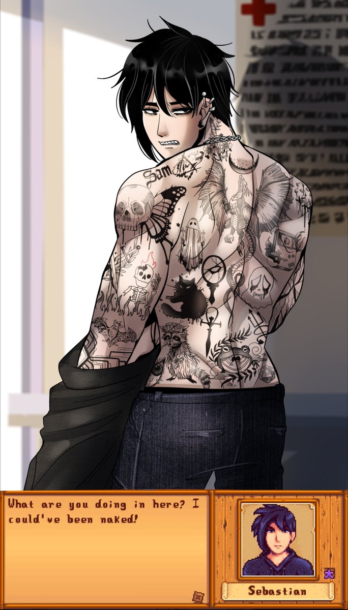 sorry not sorry but... I wanted to draw Seb on tattoos
Dialogue based on Seb's clinic dialogue
*cough* another stardew copium aaaaaa
