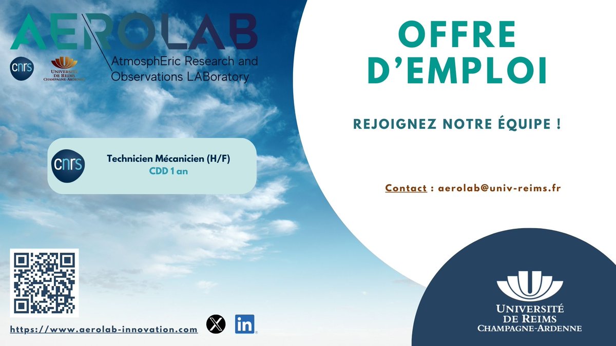 ⭐️ OFFRE D'EMPLOI ⭐️Nous recrutons un.e technicien.ne en mécanique (CDD 1 an - emploi CNRS) :  emploi.cnrs.fr/Offres/CDD/UMR…
Si vous êtes motivé.e.s, n'hésitez pas à envoyer votre CV à l'adresse : aerolab@univ-reims.fr
<a href="/universitereims/">Université de Reims Champagne-Ardenne</a> <a href="/CNRS_Centre_Est/">CNRS Centre-Est</a> <a href="/CNRS/">CNRS 🌍</a>
#Emploi