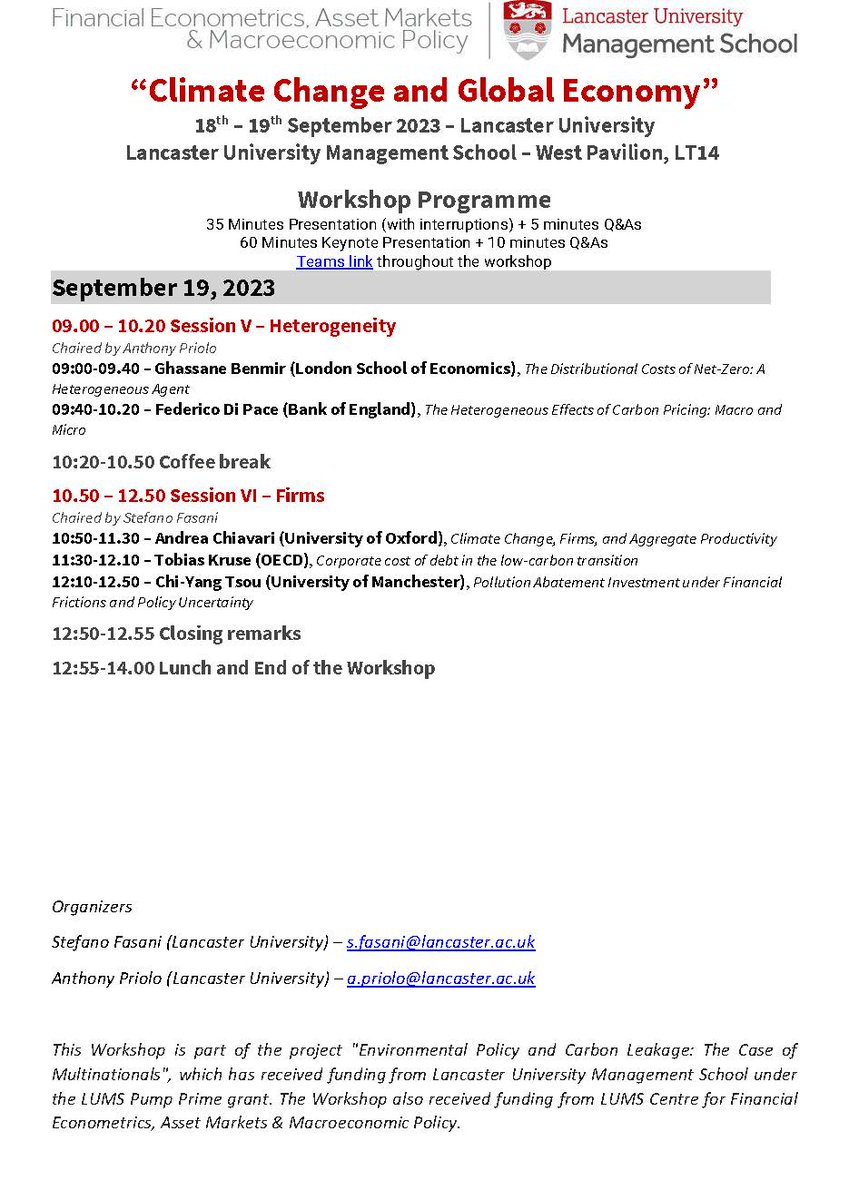 Less than three days to go 👇
Workshop on "Climate Change and Global Economy"
Mon 18, Sept 2023, 9-18 BST 
Tue 19, Sept 2023, 9-13 BST
Keynote Speaker <a href="/HCBjornland/">Hilde C. Bjørnland</a> 
In-person: @LancasterManageand 
Online on Teams: teams.microsoft.com/l/meetup-join/…
#EconTwitter #ClimateChange #GlobalEconomy