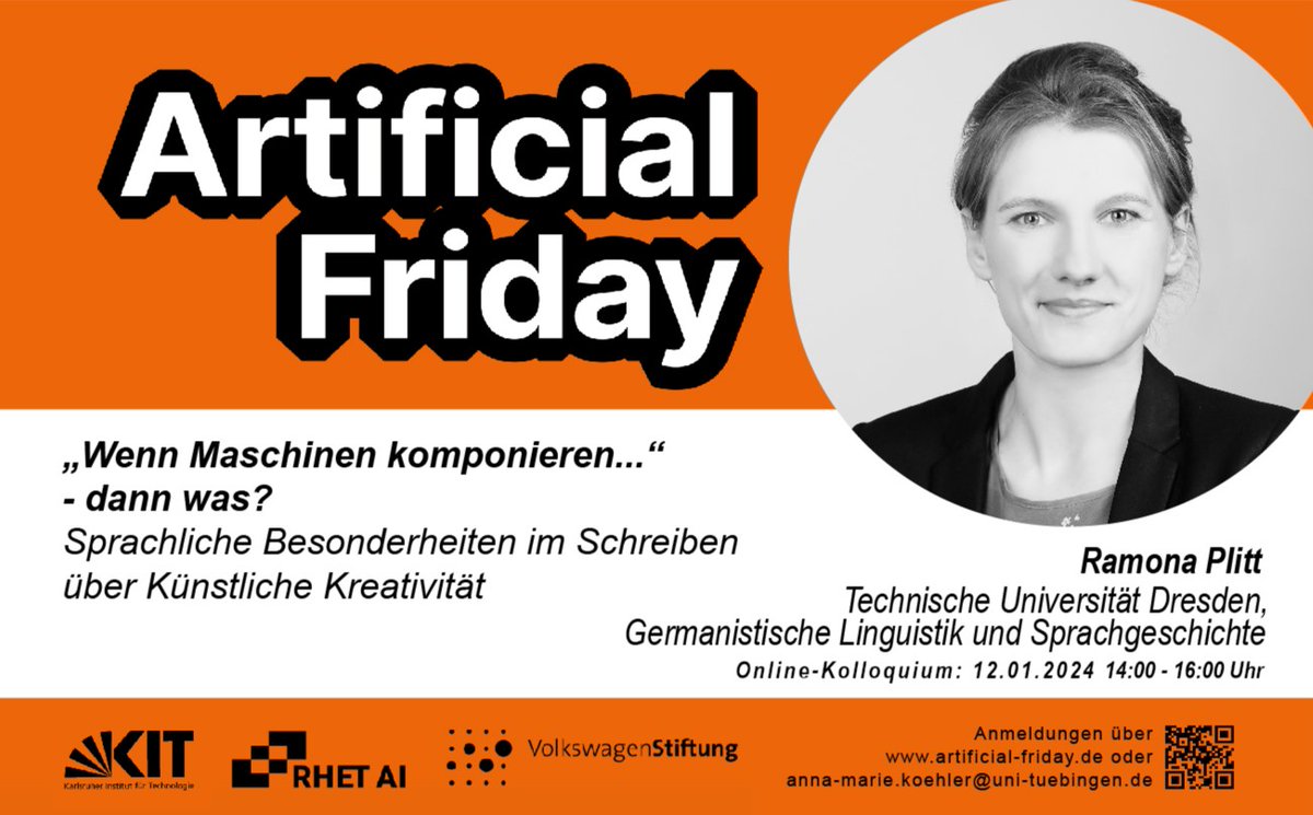 ai_rhet's tweet photo. Trefft die Vortragenden des #ArtificialFriday im WS 23/24
Im neuen Jahr beginnen wir am 12.01.2024 mit einem Vortrag von Ramona Plitt (@GSW_TUDresden). Sie wird über sprachliche Besonderheiten im Schreiben über #KuenstlicheIntelligenz referieren https://t.co/Biy3qFqumT
