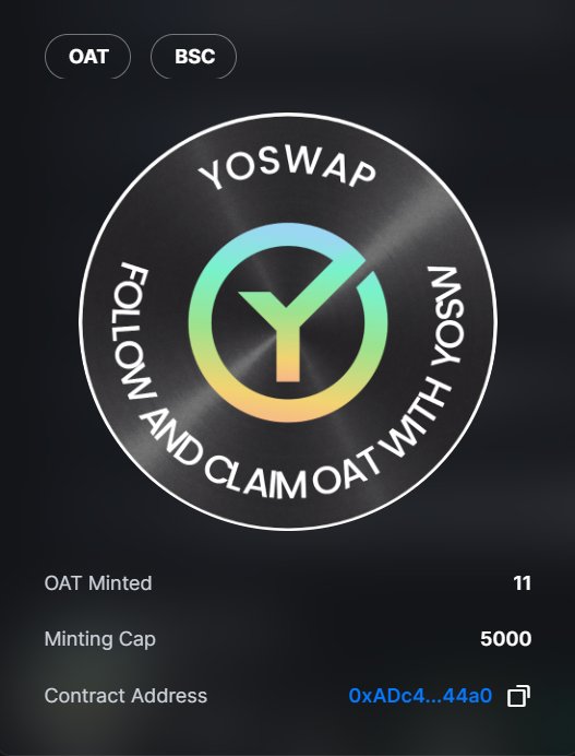🎉Celebrating the arrival of YoSwap on Galxe!

Follow and Claim OAT with YoSwap in Our Debut Campaign! 🚀

Galxe：galxe.com/YoSwap/campaig…

Limited OAT, hidden surprises, not to be missed！🎁🎁

#opBNB #YoSwap #Galxe #Giveaway