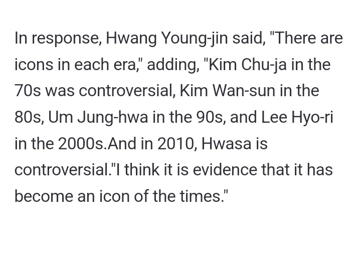 meomiyumeo's tweet photo. "Hwasa's controversies are a proof that she's become an icon of her time"

"Kim Wansun in the 80s
Uhm Junghwa in the 90s
Lee Hyori in the 2000s
and Hwasa in the 2010s" https://t.co/FF19hu7zGz