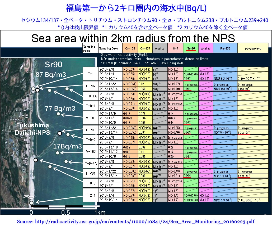 LeilaniAthenai1's tweet photo. Oct 2015
Strontium 90 in seawater near #Fukushima Dai-ichi hit 87, 77, and 17 Bq/m3.
This F1-issue had been reported only in #English.
#NoNukes #脱原発 https://t.co/X1bWvq5lby