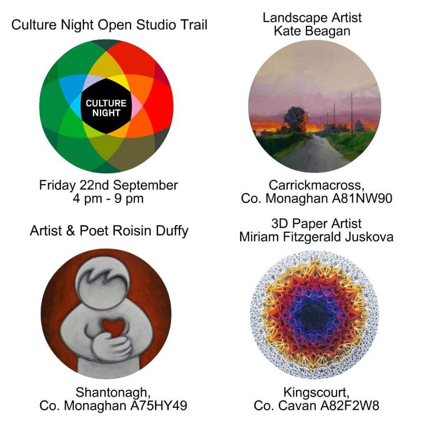 katebeagan's tweet photo. Culture night 2023.   
An opportunity to visit three artist studios in Monaghan on Friday 22nd September between 3pm and 9pm . All
Welcome https://t.co/mKpQIEaPEU