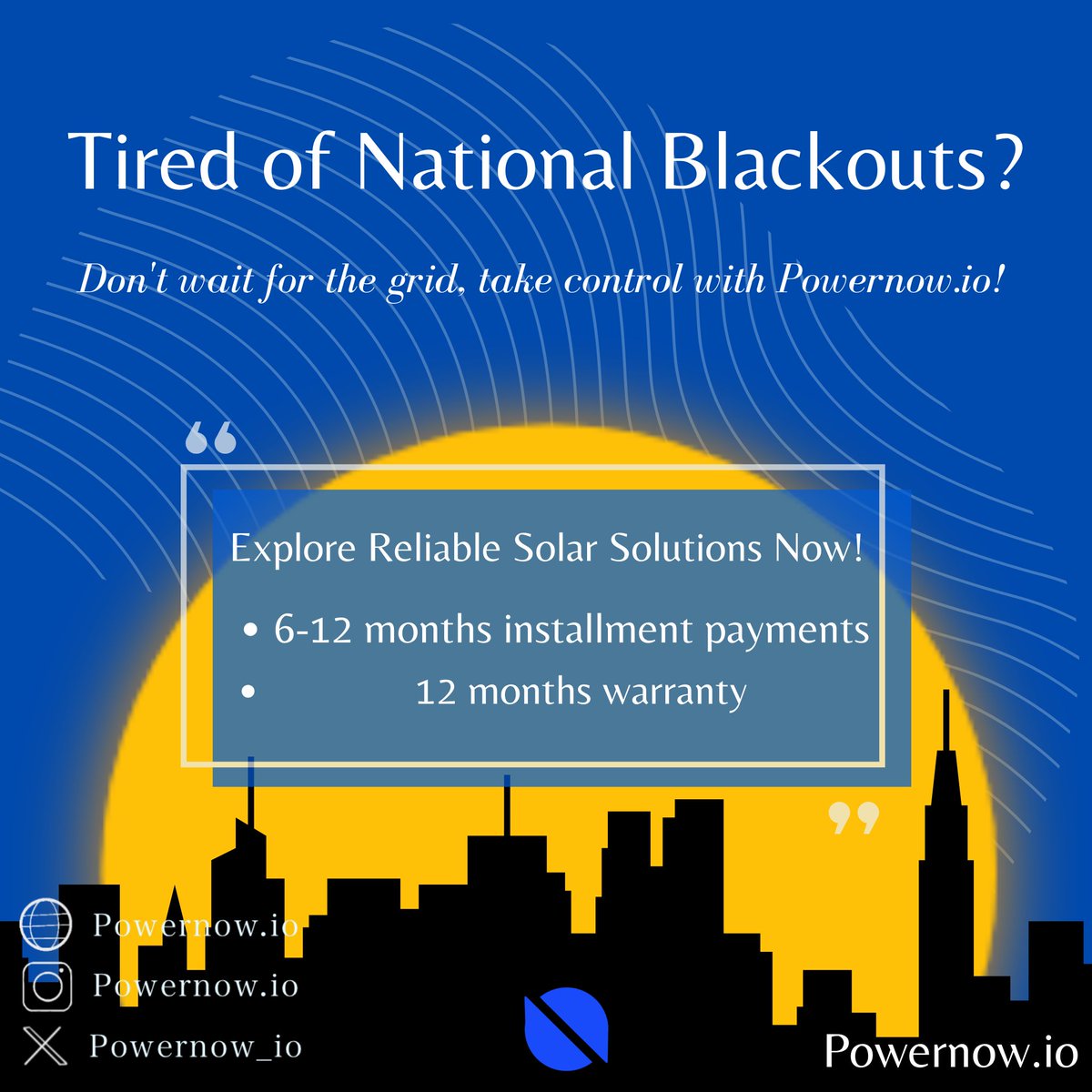 Say goodbye to national blackouts  and hello to 24/7 power with Powernow! 

Our solar panels and inverter batteries are your path to affordable, uninterrupted electricity. Make the smart switch today! 

#SolarPower #AffordableEnergy #PowernowSolutions
