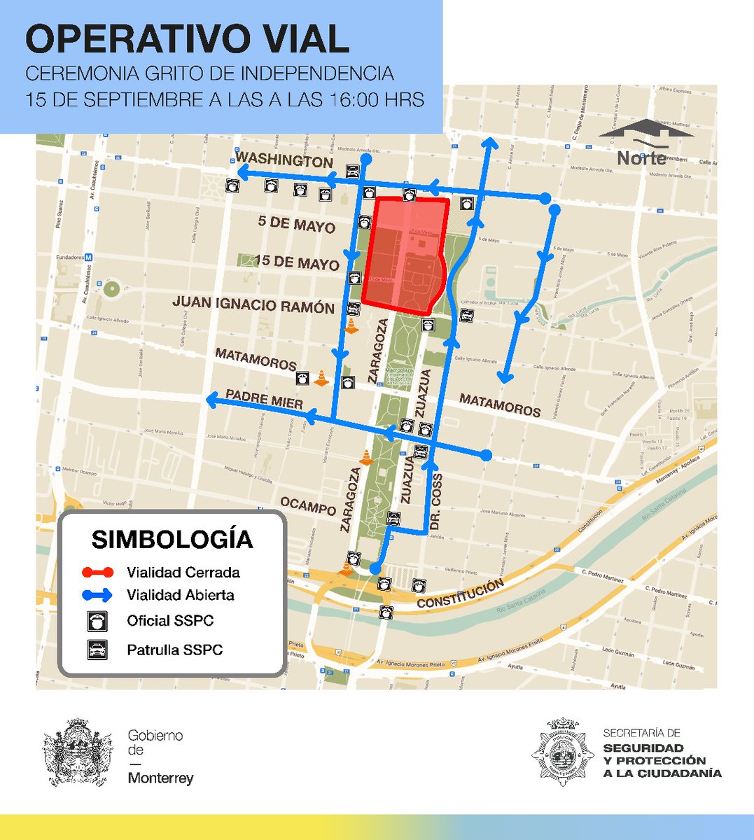 seguridadmtymx's tweet photo. Para garantizar la seguridad de los asistentes a la Celebración del Grito de la Independencia, realizaremos cierres en algunas calles aledañas a la Macroplaza este viernes 15 de septiembre, a partir de las 4:00 pm. https://t.co/dbgfTPceDT