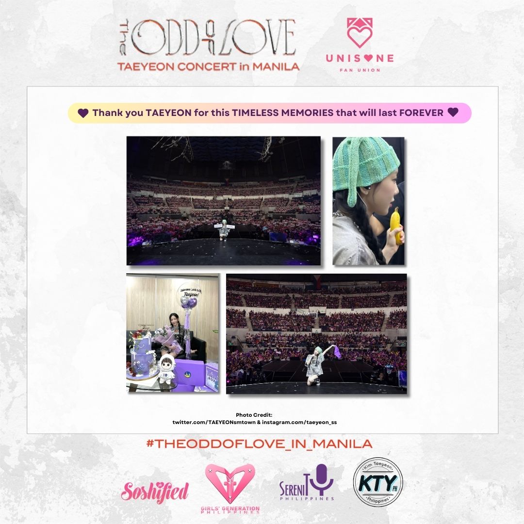 GGPhilippines's tweet photo. [#FanProj]

PH SONE community accomplished countless goals together 💞

Here's a thread of Fan Projects for #THEODDOFLOVE for #TAEYEON pls see below🎊👇

Thank you TAEYEON BESHIE for inspiring us &amp; bringing us together💜🙇‍♂️

#UNISONE
#THEODDOFLOVE_IN_MNL
#STYPH #SSFPH #GGPH #KTYPH https://t.co/nq5zwMQ7dK
