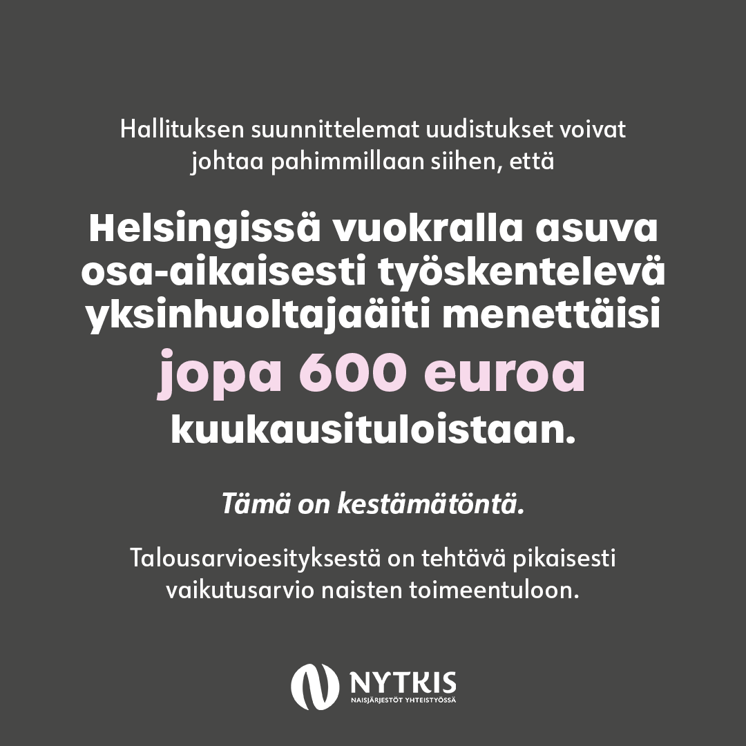NytkisRy's tweet photo. NYTKIS ry vaatii kannanotossaan, että valtion talousarvion vaikutukset naisten toimeentuloon on arvioitava pikaisesti. Hallituksen antama talousarvioesitys sisältää useita erityisesti haavoittuvimmassa asemassa olevien henkilöiden toimeentulon heikennyksiä. #nytkis https://t.co/RlOkv99Zsq