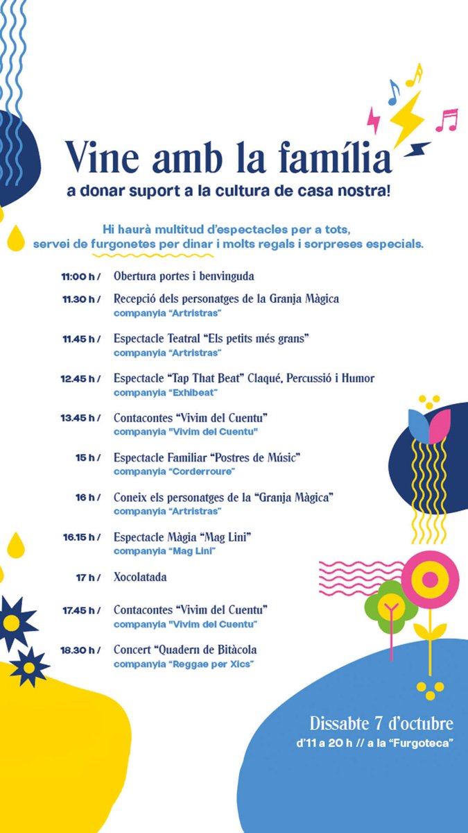 fcatcultura's tweet photo. 🤸No us perdeu El Nostre Festival de @lletnostratuit, un exemple de solidaritat!

📍#Girona acollirà, el 7/10, el festival de @lletnostratuit, empresa del Consell de Mecenatge. Els beneficis seran per a la nostra fundació i el @BancdlsAliments de Girona 🎶https://t.co/MPsMjUSPzd https://t.co/y94eMzu4t3