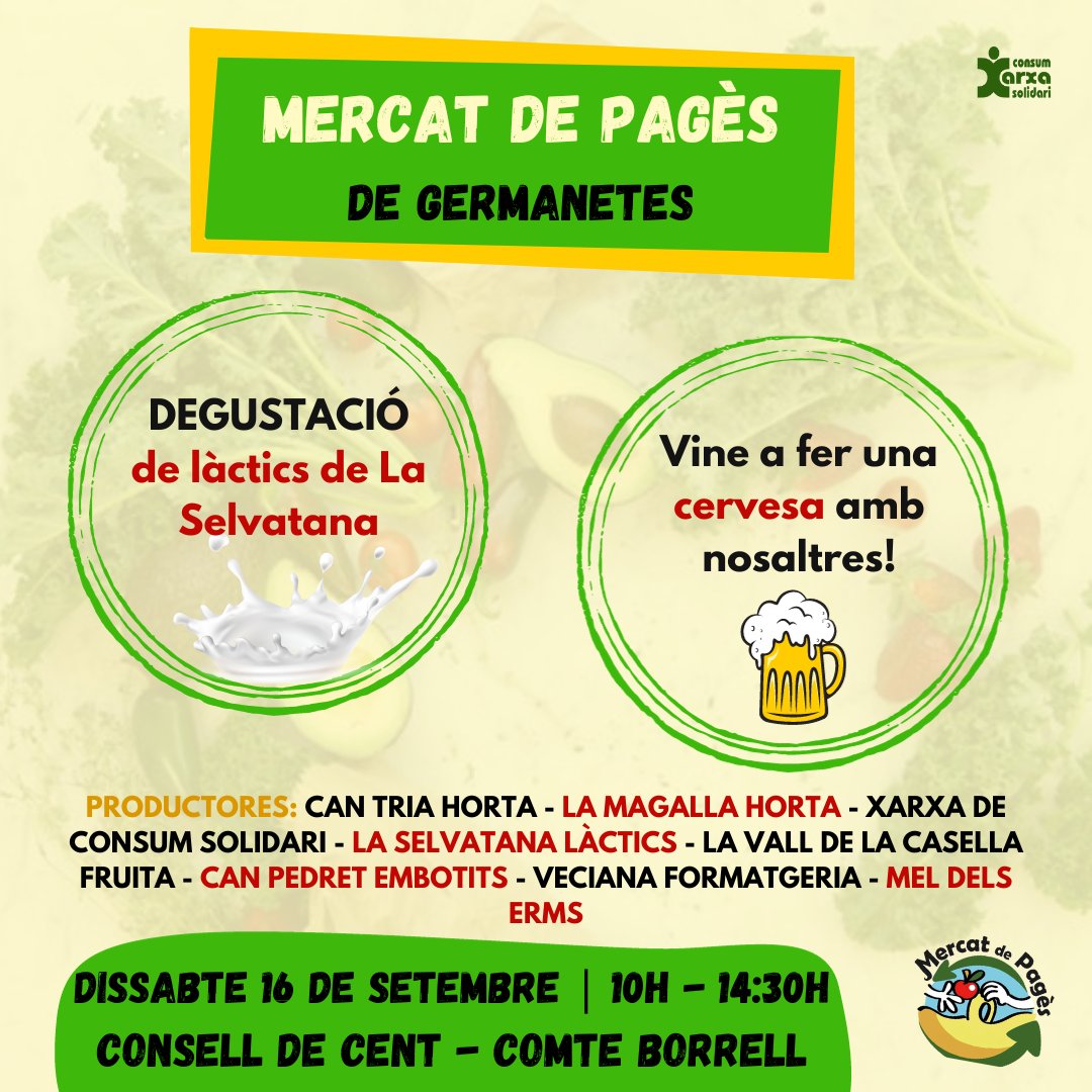 MercatDePages's tweet photo. @vilassardedalt @Mosaicagrari @Lleialtat @mercatpagesants @EscolaArcadia @HabitatgeSants @ablescorts @BrotHort @MasGuinardo @AteneuG @salvemguinardo @ccguinardo @lacruilla @centrecivicsafa @BarriSaFa @ATenenu @dlaecollserola @Collserolapais1 @CTransformadors Dissabte 16/9 de 10h a 14:30h
📌Germanetes

@germanetes @CJQueix @EEAcull 

Productes agroecològics, de comerç just i quilòmetre zero. Un espai de barri, on omplir la panxa i la cistella. T'hi esperem!!! https://t.co/jkNhbtpQxo
