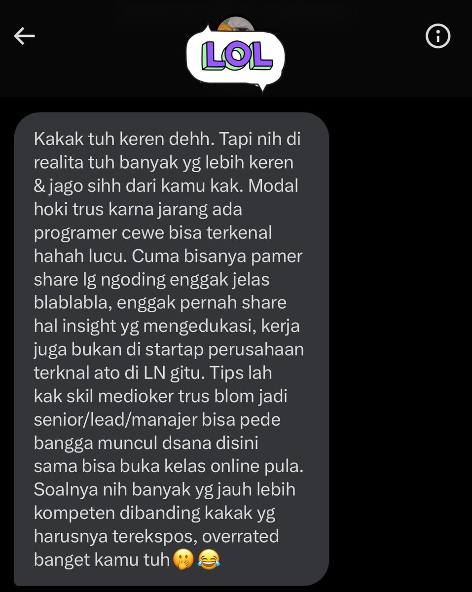 fifiyuu's tweet photo. Terimakasi sudah mengingatkan hal seperti ini yaaa @SekolahKoding 🥺🙏

Jadi keinget pernah ada yang dm begini hehehe. Emang ga semua orang suka sama kita, pasti ada aja modelan gini yang nge-hate. Bingung sih, why people are so mean? Kenal aja ga, ngerugiin hidupnya juga ga 😅 https://t.co/6O7BaB5I2T