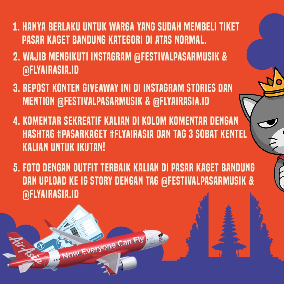 Pasar Musik (@pasar_musik) on Twitter photo Alooo barudakk.. Paduka mau bagi-bagi tiket pesawat gretongg buat warga yang mengantongi tiket Di Atas Normal.
Pemenang Giveaway akan diumumin pada 16 September 2023 di Instagram <a href="/flyairasia/">FlyAirAsia</a>.id dan Booth Air Asia di Pasar Kaget Bandung ygy…
#PasarKaget #PasarKagetFlyWithAirAsia Alooo barudakk.. Paduka mau bagi-bagi tiket pesawat gretongg buat warga yang mengantongi tiket Di Atas Normal.
Pemenang Giveaway akan diumumin pada 16 September 2023 di Instagram <a href="/flyairasia/">FlyAirAsia</a>.id dan Booth Air Asia di Pasar Kaget Bandung ygy…
#PasarKaget #PasarKagetFlyWithAirAsia