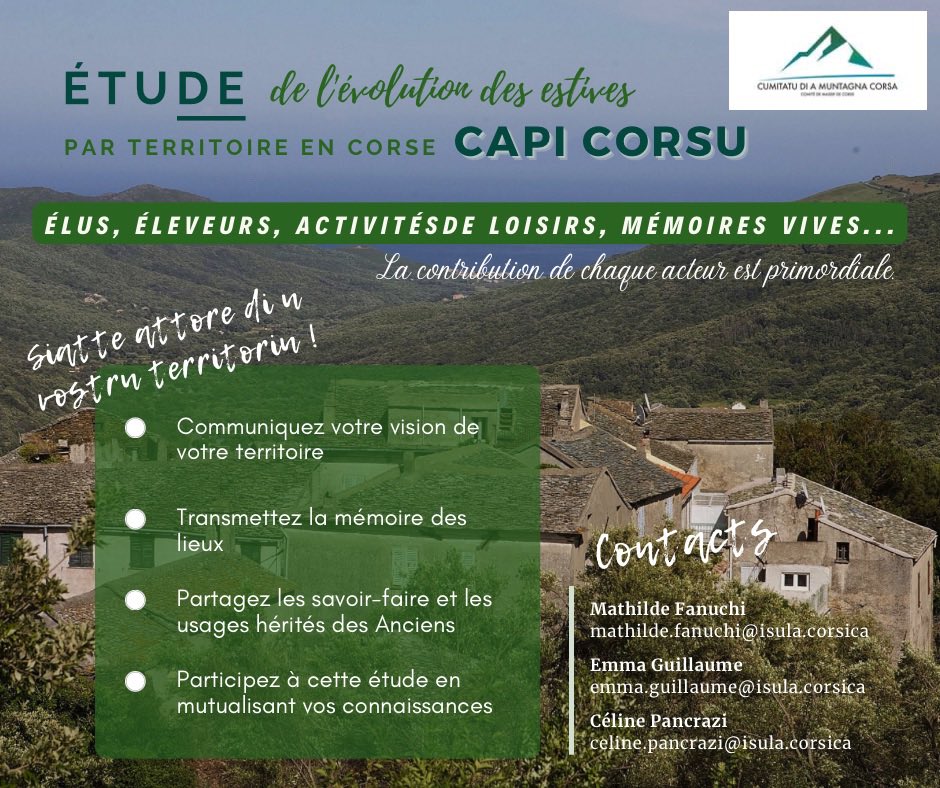 [𝙋𝙖𝙨𝙩𝙪𝙧𝙖𝙡𝙞𝙨𝙢𝙪 🐐] 
⏩️ Poursuite de l’état des lieux des territoires d’estives en Corse
🤝 Devenez acteur de votre territoire en participant à la réunion d’information!
🪧Territoire d’estive « CAPI CORSU ».
🗓️ 19/09/23
📍Casa Cumuna di Luri
🕚11h00