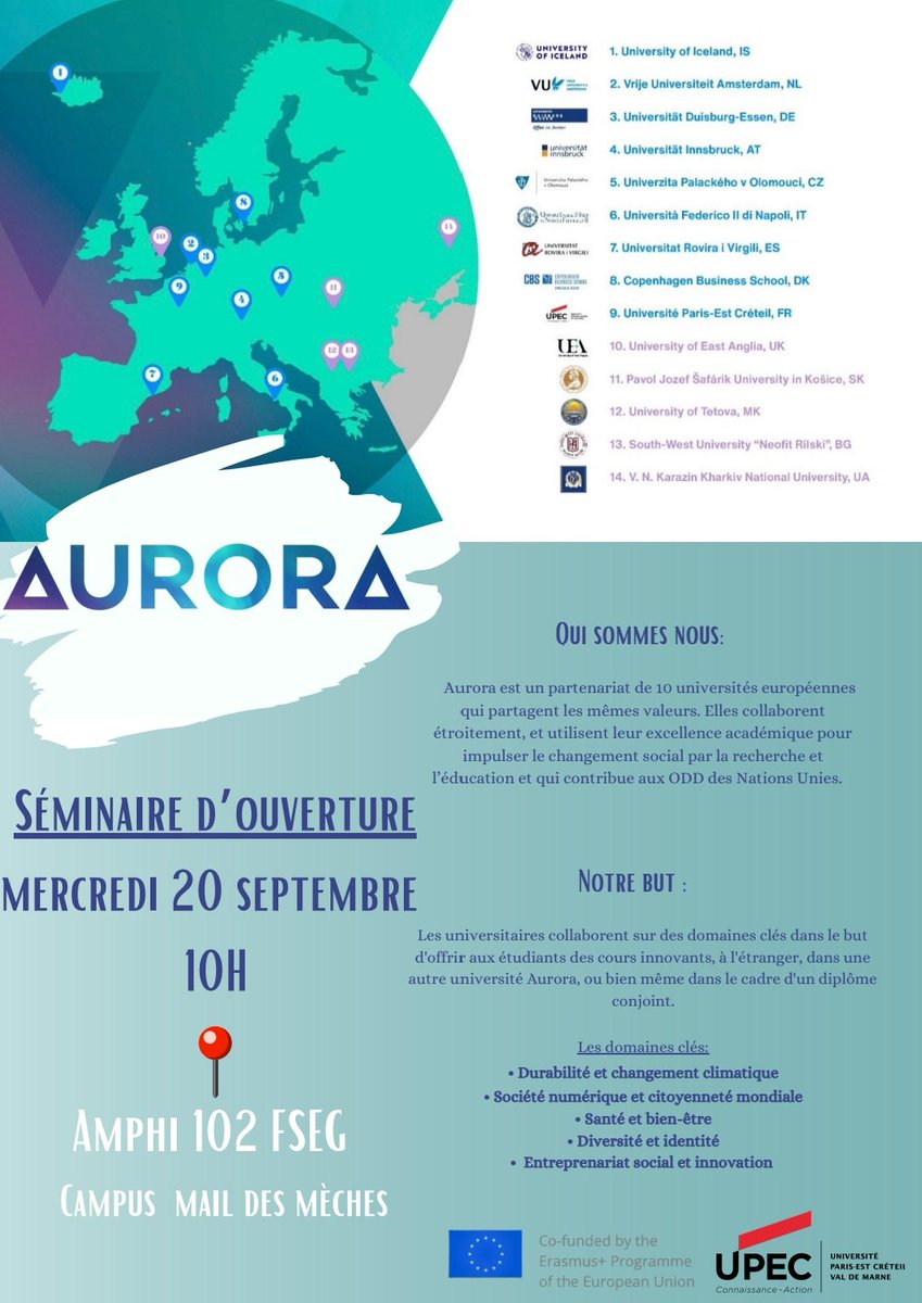 Interessés par les échanges universitaires en Europe ? Rendez-vous mercredi prochain pour le seminaire AURORA pour plus d'informations sur les nouvelles alliances de l'UPEC !u-pec.fr/fr/etudiant-e/…
