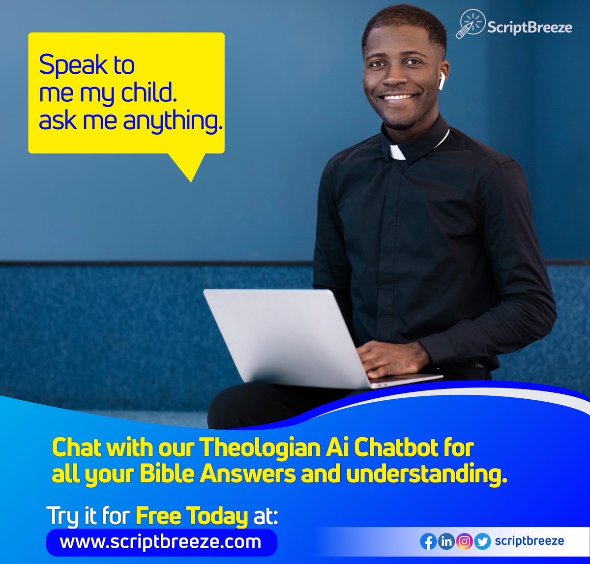 ScriptBreeze's tweet image. Chat with our specialized and experienced Theologian Ai on ScriptBreeze today.

Ask him all the biblical questions and theories you want to understand.

He’s ready for you.
Visit ScriptBreeze.com to register for free and start chatting.

#scriptbreeze #aitools #aiwebsites