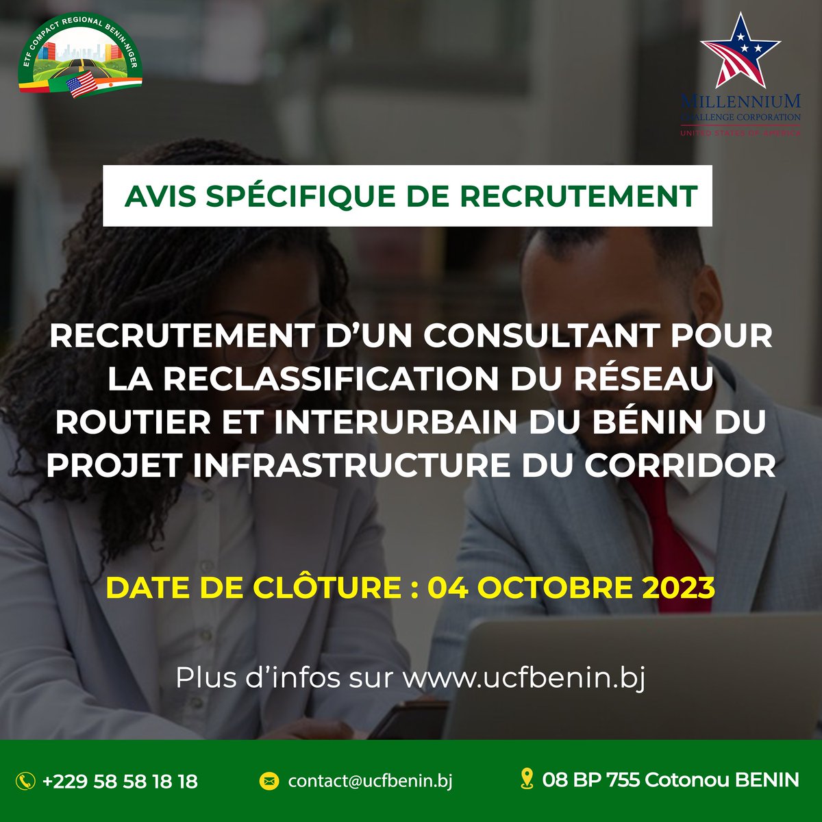 UcfBenin's tweet photo. Recrutement d’un Consultant pour la Reclassification du réseau routier et interurbain du Bénin du projet Infrastructure du Corridor. Date limite de soumission: 04 octobre 2023. Plus d'infos: https://t.co/JHjGomAaL6 https://t.co/ohvSJssMPG