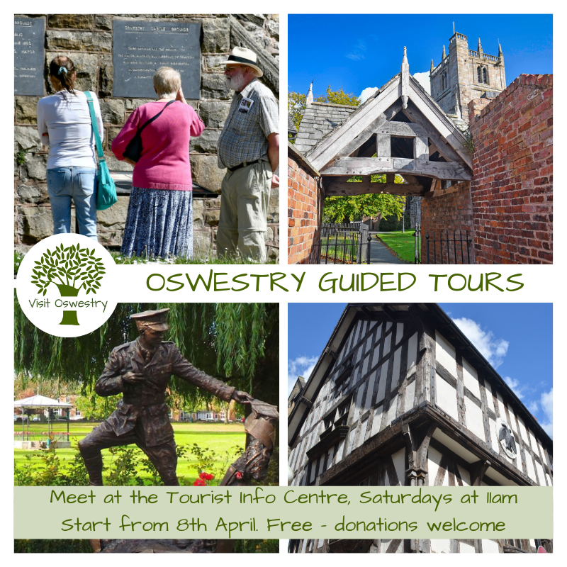 Discover more about Oswestry with a free guided walking tour of Oswestry. Meet our volunteer guides at the Tourist Info Centre at 11am on Saturday. They will show you the hidden corners of Oswestry and tell you fascinating things you may never have heard. visitoswestry.co.uk