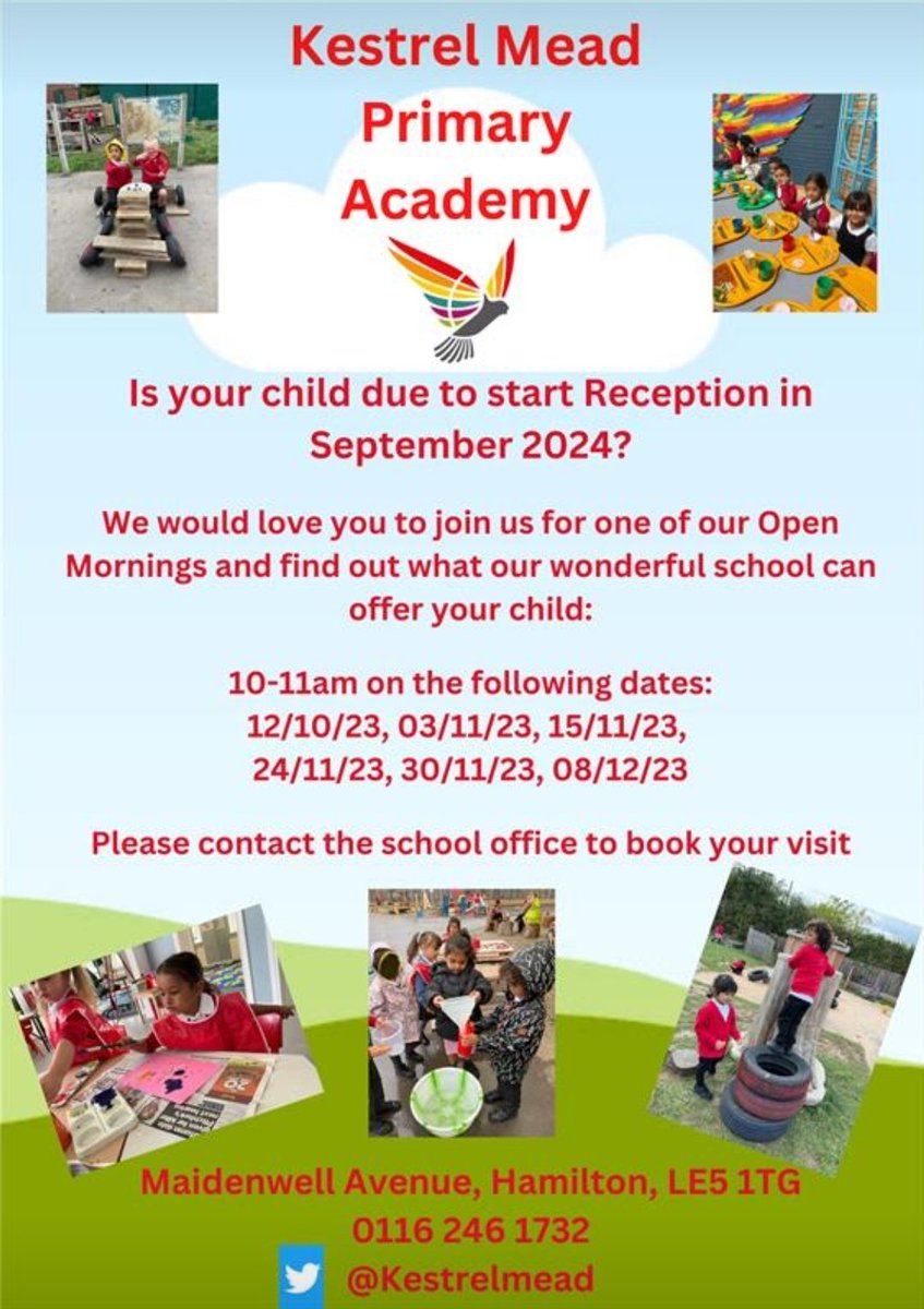 Thinking about school choices for Reception next year? Look no further than @kestrelmead.

Call today to book your place on one of our open mornings and see all the wonderful things we have to offer 🤗.

#Leicester #StartingSchool #Reception2024