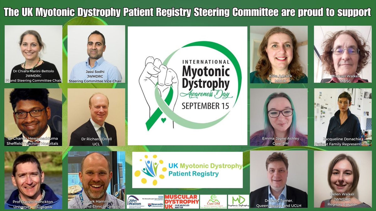 The #UK #MyotonicDystrophy Patient Registry Steering Committee are proud to support #myotonicDystrophyAwareness day today 💚✊💚 🎗️💚 Meet the committee members here: dm-registry.org.uk/team/steering_…