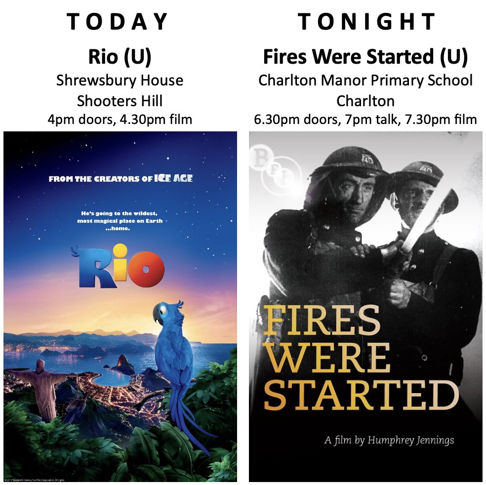 Two films for our final day of the Charlton & Woolwich Free Film Festival, which we hope you've enjoyed :) RIO at 4.30pm and Fires Were Started at 7.30pm with a pre-film talk from Clive Harris at 7pm. Both venues are wheelchair accessible. All our screenings are free :)