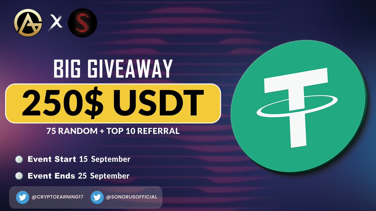 🔥 Sonorous Protocol X Genius Airdrop event 

🎁 Total Reward Pool $250 USDT

✅ Complete #gleam   
gleam.io/4fiCo/sonorus-…

#Airdrops #Giveaway #crypto #airdropcrypto #airdrop #usdtgiveaway