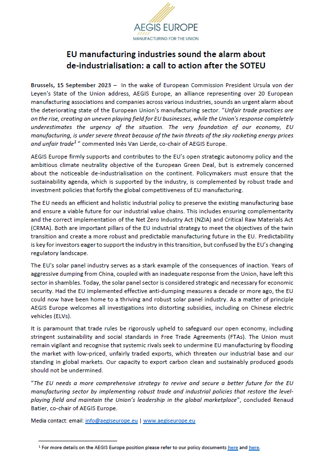 AEGISeurope's tweet photo. 📢 In the wake of @vonderleyen #SOTEU2023, we sound the alarm on the deteriorating state of the EU manufacturing.🏭

🌍We need a comprehensive strategy to revive and secure our future with robust trade and industrial policies.

🔗Read our press release: https://t.co/209y6Fz32e https://t.co/TzTygu92Kt