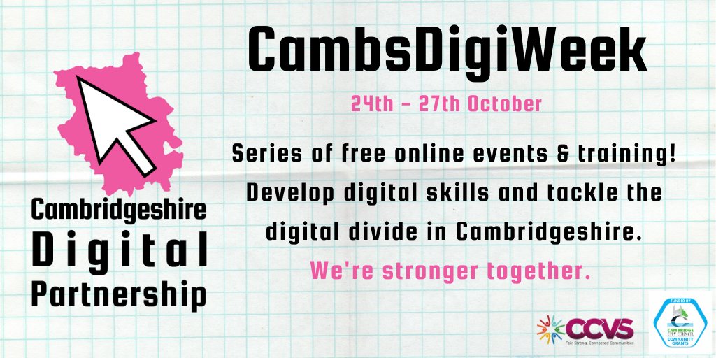 CambsDigi's tweet photo. We are VERY excited to announce that #CambsDigiWeek is back 🥳

Develop digital skills and tackle the digital divide in #Cambridgeshire by attending one of our exciting and free online events. Coming to you 24 - 27th Oct. 

Find out more &amp; book 👉 https://t.co/9HMyQJfDIg https://t.co/25uqFhrqXQ