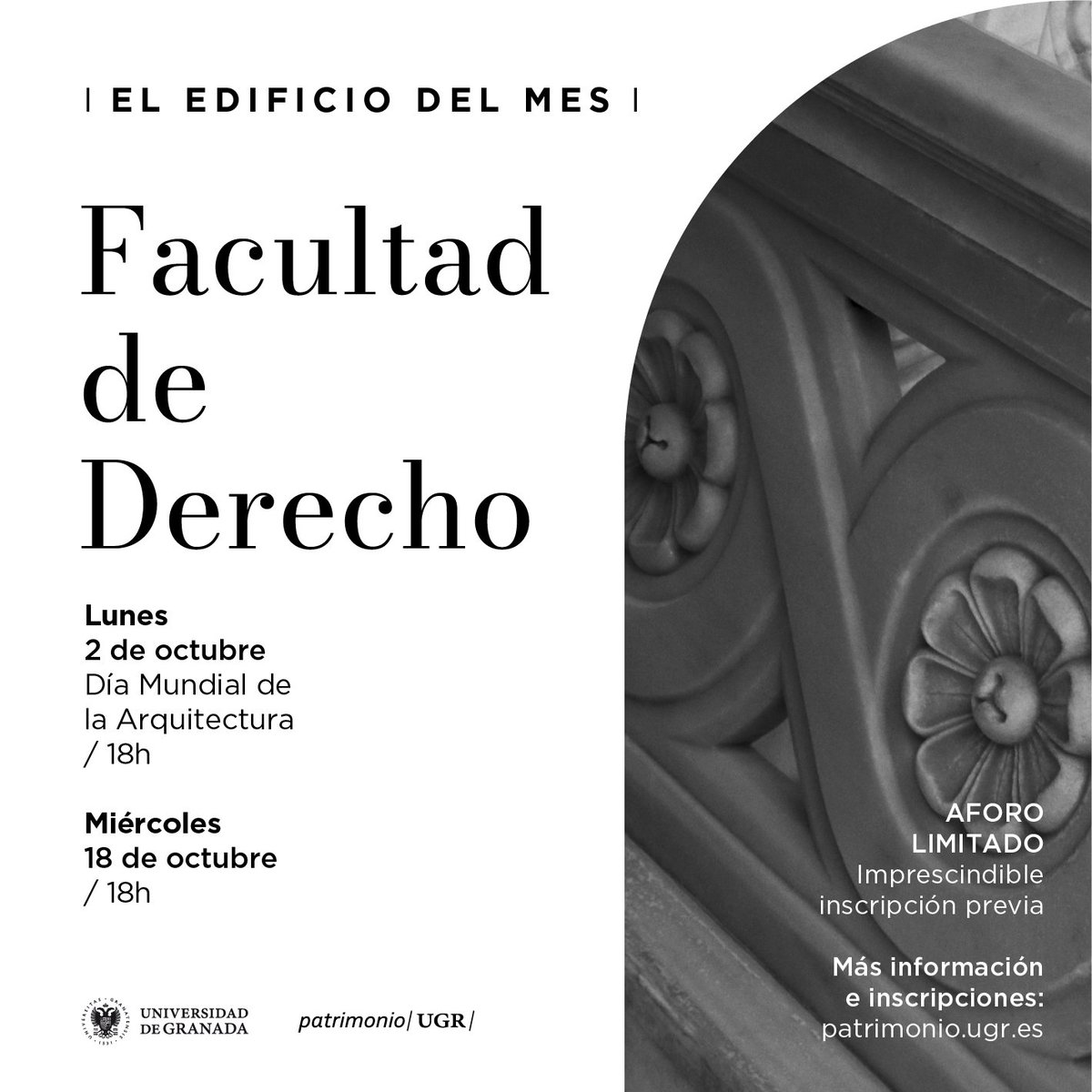 #EdificioMesUGR
Con motivo de la celebración del Día Mundial de la Arquitectura, el lunes 2 de octubre arranca uno de los ciclos que más os gustan: El Edificio del Mes comienza con uno de los buques insignia de <a href="/CanalUGR/">Universidad Granada</a>👉<a href="/FDerechoUGR/">Facultad de Derecho UGR</a>

✍️Inscríbete aquí: patrimonio.ugr.es/actividad/edif…