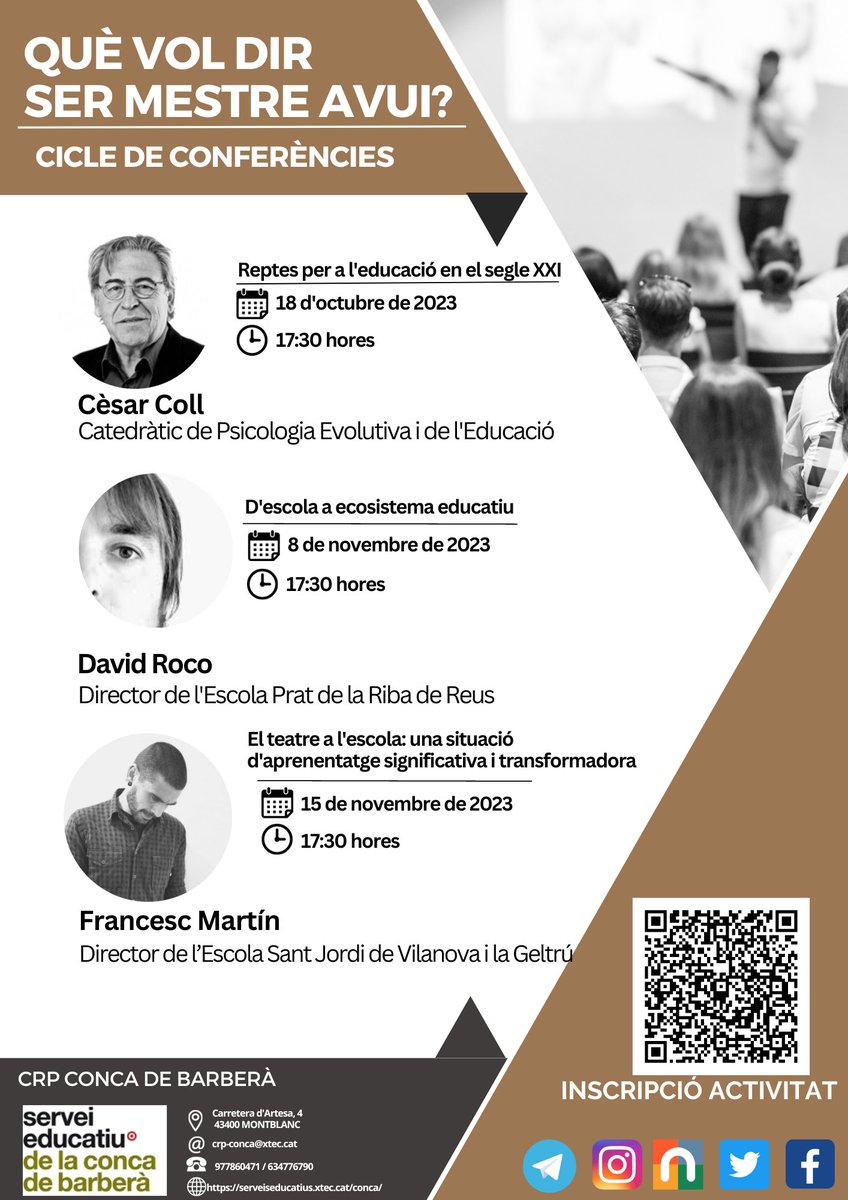 CrpConca's tweet photo. Cicle de conferències: Què vol dir ser mestre avui? https://t.co/AydeDA3SBl @cesarcolls @csecnarf76 @dr_alafont https://t.co/mGozPtLv12