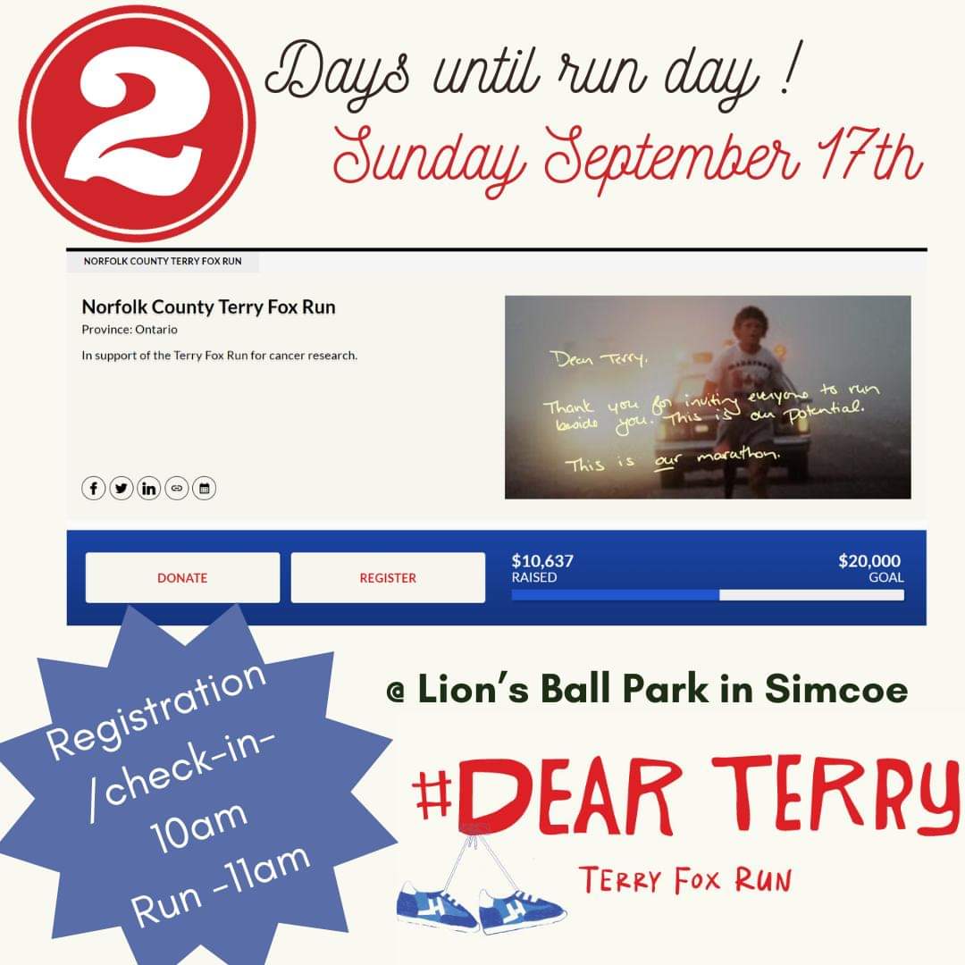 Norfolk_TFR's tweet photo. Only 2 days to go! #DearTerry #terryfoxrun
Thank you Norfolk! We're now just over half way to our fundraising goal with online donation's alone! Register and/or donate at
https://t.co/JNNYZkkxpZ 
You can also stop by our registration table on Sunday with any offline donations! https://t.co/ZJeDpMynqK