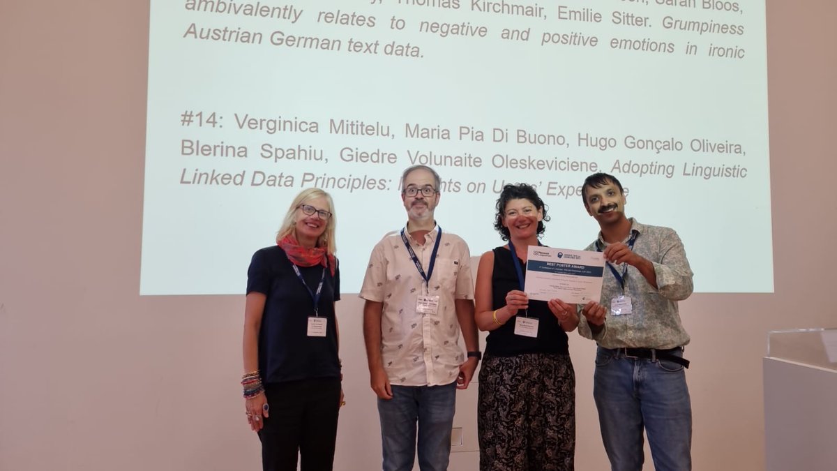 LDKconference's tweet image. Best Poster Awards goes to: &quot;Adopting Linguistic Linked Data Principles: Insights on Users’ Experience&quot;. Congratulations to Verginica Mititelu, Maria Pia Di Buono, Hugo Gonçalo Olivera (@hgoliv), Blerina Spahiu (@blerinaspahiu), and Giedre Volunaite Oleskeviciene. #ldk2023
