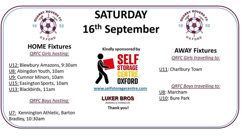 Four girls teams play at home in the morning! U8girls make their home debut at the Rec tomorrow vs @AbingdonFc The u9, u12 and u15 play @CumnorMinors @amazonsgirlsfc and @Sports_ESFC Our u7s play @KenningtonAFC at Barton Bradley. Come and 👏👏⚽️⚽️🧃🧃☕️☕️