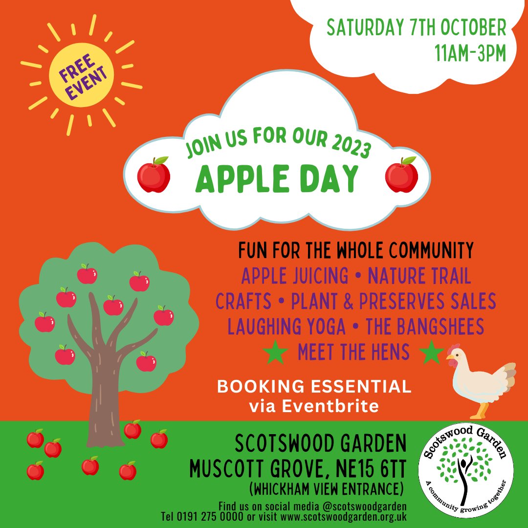 We're now taking bookings for our Apple Day event on Saturday 7th October.  Join us for an afternoon of FREE fun for everyone! 

Booking is FREE but essential. Please book your tickets via Eventbrite bit.ly/3Lp5mCw

#familyfun #newcastlegateshead #apple #communitygarden