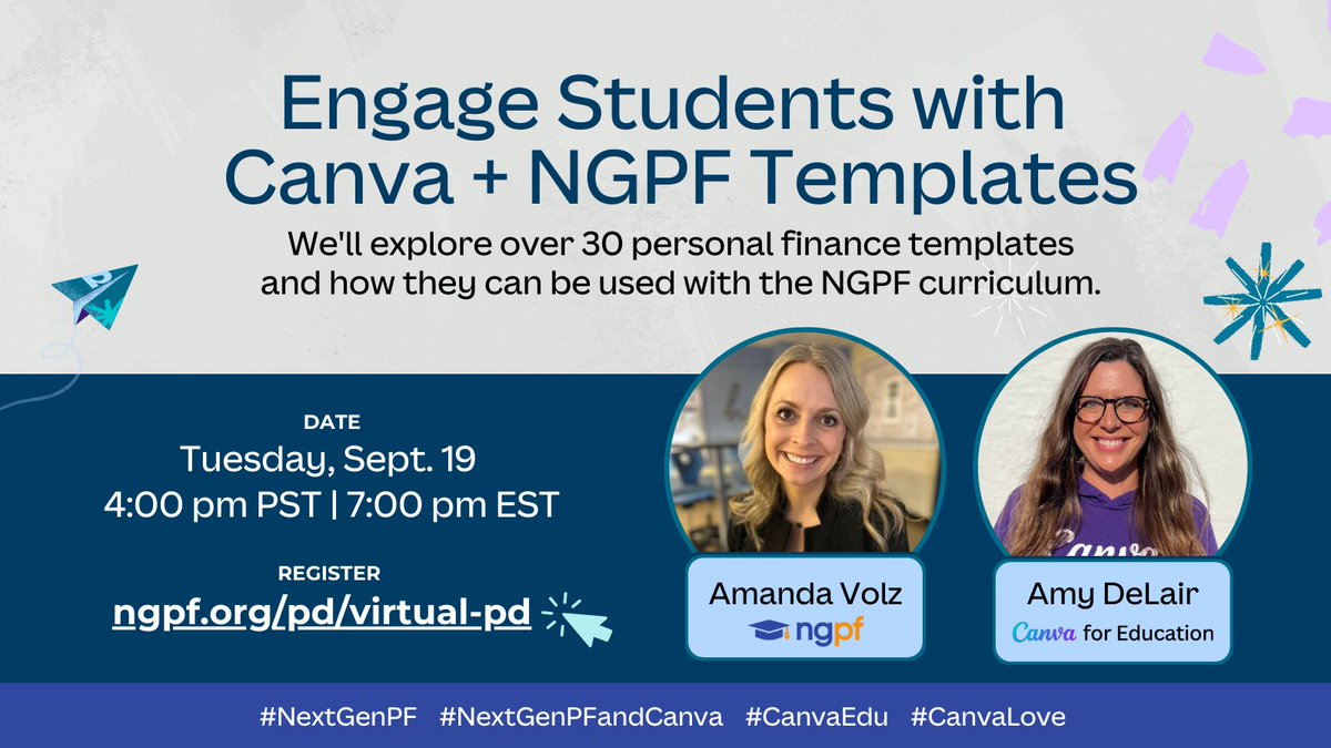 amydelair24's tweet photo. Join us next Tuesday, 9/19 as we talk about @NextGenPF + @CanvaEdu templates to assist in students' exploration & understanding of personal finance!
Registerβ©https://t.co/IRbXhmkAz9
4 pm PST / 7pm EST
#NextGenPF #NextGenPFandCanva #CanvaEdu #CanvaLove #EdTech #PersonalFinance https://t.co/Y48SACGoGJ