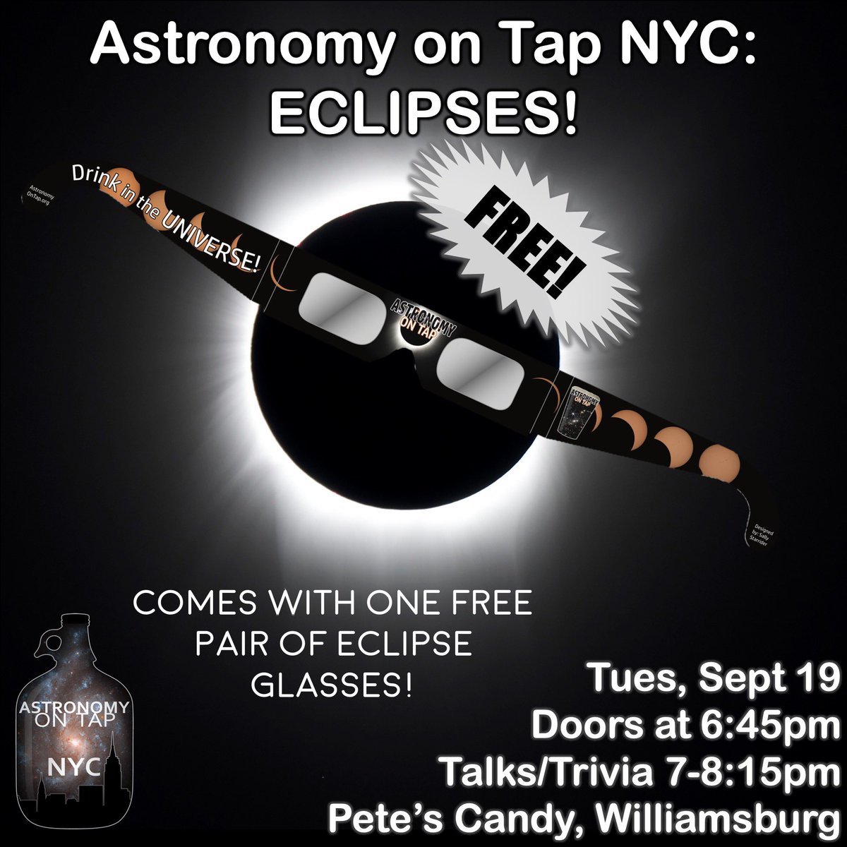 Astronomy on Tap NYC (@astroontapnyc) on Twitter photo The next NYC #AstroOnTap is Tuesday! Join us for stellar talks with @MarkPopinchalk and “Kuiper” Kat Troche if <a href="/AAAdotORG/">Amateur Astronomers Association</a>, plus eclipse glasses and trivia! At @petescandystore 🌞😎 More info and RSVP - facebook.com/events/s/astro… The next NYC #AstroOnTap is Tuesday! Join us for stellar talks with @MarkPopinchalk and “Kuiper” Kat Troche if <a href="/AAAdotORG/">Amateur Astronomers Association</a>, plus eclipse glasses and trivia! At @petescandystore 🌞😎 More info and RSVP - facebook.com/events/s/astro…