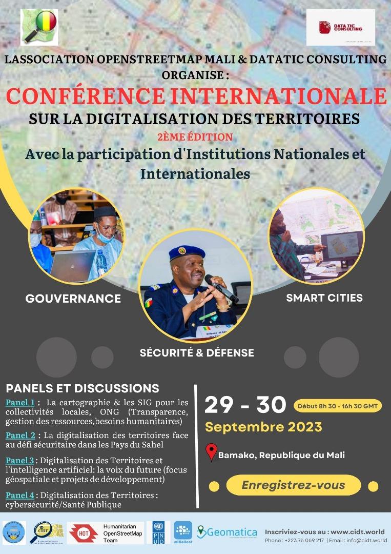 La 2ème édition de la Conférence Internationale sur la Digitalisation des Territoires CIDT2023 se tient du 29 au 30 septembre à #Bamako, #Mali #CIDT2023 @OSM_Mali @DaTa_TICS @hotosm @openmapping_wna @mikollect #SIG #geospatial #DigitalMapping #CartoNumerique